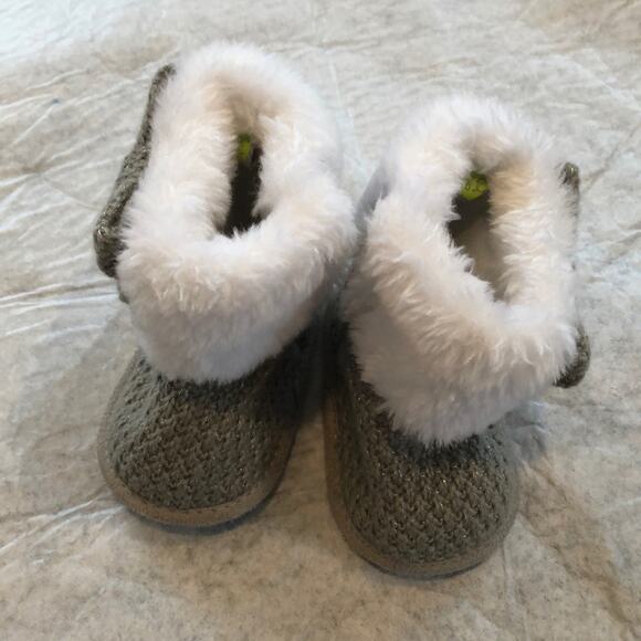 First Steps Gray Sweater Boots with Faux Fur and Bow Accent, 3-6 months - Picture 1 of 5